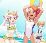  3girls :d armpits arms_up ass_visible_through_thighs ball bangs bare_arms beach bike_shorts blue_eyes breasts camilla_(pokemon) clouds collarbone commentary covered_navel day english_commentary eyelashes flower gazing_eye gen_1_pokemon goggles goggles_around_neck green_hairband green_swimsuit hairband holding holding_ball looking_at_viewer misty_(pokemon) multiple_girls navel open_mouth orange_hair outdoors pink_hair pokemon pokemon_(creature) pokemon_(game) pokemon_masters_ex psyduck sand shore short_hair sky smile standing swept_bangs swimsuit textless tied_hair tongue upper_teeth water white_flower white_swimsuit wristband 
