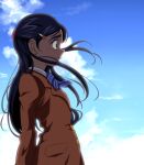  1girl backlighting bangs black_eyes black_hair blazer blue_neckwear blue_sky bow bowtie clouds cloudy_sky commentary_request cure_erebos day dress_shirt frown futari_wa_precure hair_ornament hairclip jacket long_hair outdoors parted_lips partial_commentary pink_jacket precure school_uniform shirt sky solo standing verone_gakuin_school_uniform white_shirt wind yukishiro_honoka 