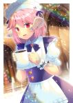  1girl :d apron au_ra bangs blurry blurry_background blush bow center_frills collared_shirt commentary_request cup depth_of_field eyebrows_visible_through_hair final_fantasy final_fantasy_xiv frilled_apron frills hair_between_eyes hands_up high-waist_skirt holding holding_cup kou_hiyoyo lens_flare looking_at_viewer mug open_mouth original pink_hair puffy_short_sleeves puffy_sleeves purple_bow purple_skirt red_eyes scales shirt short_sleeves skirt smile solo waist_apron white_apron white_shirt wrist_cuffs 