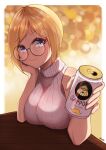  1girl absurdres alternate_costume blonde_hair blue_eyes bob_cut breasts can closed_mouth glasses hair_ornament hand_on_own_cheek hand_on_own_face highres holding hololive hololive_english looking_at_viewer mole mole_under_eye monocle_hair_ornament nana_(user_fman4282) ribbed_sweater short_hair sleeveless sleeveless_turtleneck smile soda_can solo sweater table turtleneck turtleneck_sweater virtual_youtuber watson_amelia 