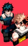  2boys angry arms_behind_back bakugou_katsuki bangs bare_shoulders black_hair blonde_hair blue_eyes bodysuit boku_no_hero_academia bound bound_arms commentary_request cut_(nifuhami_35) freckles from_above gloves green_bodysuit green_eyes green_hair looking_at_viewer looking_back male_focus midoriya_izuku multicolored multicolored_bodysuit multicolored_clothes multicolored_hair multiple_boys pants pouch red_background red_eyes simple_background spiky_hair teeth two-tone_hair 