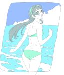  1girl bangs bikini black_hair clouds day from_behind glasses green_bikini green_hairband hairband head_tilt kantai_collection limited_palette long_hair looking_at_viewer ojipon ooyodo_(kancolle) outdoors sketch sky solo swimsuit water 