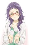  1girl ball closed_mouth coat collarbone glasses hair_ornament long_hair looking_at_viewer purple_hair seikaisuru_kado semi-rimless_eyewear shinawa_kanata simple_background smile solo under-rim_eyewear yamaguchi_satoshi yellow_eyes 