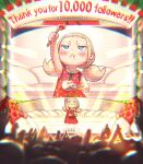  1girl :&lt; blonde_hair blue_eyes chromatic_aberration crowd dress food fork fruit hand_up highres kozato_(yu_kozato) low_twintails original polka_dot red_dress short_twintails sleeveless solo_focus stage stage_lights strawberry strawberry_shortcake twintails 