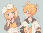 1boy 1girl aqua_eyes arm_warmers bangs bare_shoulders bass_clef black_collar blonde_hair blush bow collar commentary crop_top dripping eating flying_sweatdrops food food_in_mouth grey_background grey_collar grey_sleeves hair_bow hair_ornament hair_tucking hairclip highres holding holding_food kagamine_len kagamine_rin looking_at_another neckerchief necktie popsicle sailor_collar sazanami_(ripple1996) school_uniform shirt short_hair short_ponytail sleeveless sleeveless_shirt spiky_hair sweat swept_bangs treble_clef trembling vocaloid white_bow white_shirt yellow_neckwear 