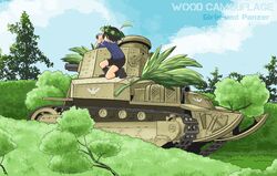  1girl aoneco bike_shorts binoculars bird black_footwear blue_jacket blue_sky boots brown_hair character_name clouds cloudy_sky commentary_request day duck emblem english_text girls_und_panzer ground_vehicle head_wreath holding holding_binoculars isobe_noriko jacket military military_uniform military_vehicle motor_vehicle ooarai_military_uniform outdoors partial_commentary short_hair sky sleeves_rolled_up solo squatting tank tree type_89_i-gou uniform 