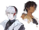  2boys arknights black_hair black_shirt chinese_commentary coat commentary_request dark-skinned_male dark_skin ear_clip earrings elysium_(arknights) eyebrows_visible_through_hair feather_hair frown gloves grey_eyes hand_up jewelry looking_at_viewer male_focus multicolored_hair multiple_boys necklace parted_lips redhead shirt short_ponytail simple_background smile streaked_hair thorns_(arknights) upper_body white_background white_coat white_gloves white_hair xiandao1213 yellow_eyes 