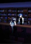  1boy 1girl 3d_background ahoge alcohol bar black_pants black_vest blue_hair bottle bow bowtie caffein chair commentary crop_top from_behind grey_shirt hair_bow head_down highres indoors kaito_(vocaloid) long_hair pants ponytail red_neckwear shelf shirt sitting standing striped striped_bow very_long_hair vest vocaloid voyakiloid waiter white_hair white_shirt yowane_haku 