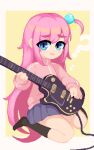  1girl ? black_socks blue_eyes bocchi_the_rock! border cable commentary cube_hair_ornament electric_guitar full_body furrowed_brow gotou_hitori guitar hair_ornament holding holding_instrument instrument jacket long_hair long_sleeves looking_at_viewer minimilieu miniskirt music no_shoes one_side_up open_mouth pink_jacket pixel_art playing_instrument pleated_skirt purple_skirt simple_background sitting skirt sleeves_past_wrists socks solo tareme track_jacket two-tone_background very_long_hair wariza white_border yellow_background 