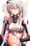  1girl absurdres belt blush breasts closed_mouth girls_frontline gloves hair_between_eyes hair_ornament highres looking_at_viewer medium_breasts navel nyto_(girls_frontline) nyto_adeline_(girls_frontline) silver_hair solo stomach xlscaler yellow_eyes 