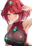  1girl armpits bangs bare_shoulders black_swimsuit breasts chest_jewel competition_swimsuit eyebrows eyebrows_visible_through_hair eyelashes female highres large_breasts leonmandala one-piece_swimsuit pyra_(pro_swimmer)_(xenoblade) pyra_(xenoblade) red_eyes red_swimsuit redhead short_hair simple_background solo swept_bangs swimsuit two-tone_swimsuit white_background xenoblade_chronicles_(series) xenoblade_chronicles_2 