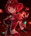  1girl bangs black_gloves breasts chest_jewel earrings fingerless_gloves gem gloves headpiece jewelry large_breasts pyra_(xenoblade) red_eyes redhead short_hair solo swept_bangs tiara xenoblade_chronicles_(series) xenoblade_chronicles_2 yuni_(unitary_580) 