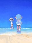  2girls aspara beach black_shorts blue_hair blue_sky closed_eyes from_behind full_body highres inkling long_hair looking_at_another multiple_girls open_mouth sandals sandals_removed shirt short_hair shorts sky smile splatoon_(series) standing tentacle_hair tied_hair white_shirt 