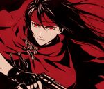  1boy black_hair cloak final_fantasy final_fantasy_vii gloves gun headband imonosato long_hair looking_at_viewer messy_hair pale_skin red_cloak red_eyes red_headband revolver vincent_valentine weapon 