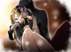  1boy 1girl :d ;) bandaged_hand bandaged_head bandages black_cardigan black_pants black_sweater blonde_hair blue_eyes blush brown_eyes cardigan closed_mouth couple hetero hood hood_up hooded_cardigan isaac_foster long_hair one_eye_closed open_mouth pants rachel_gardner riarashu_(pixiv3133536) satsuriku_no_tenshi shiny shiny_hair sitting sleeves_past_fingers sleeves_past_wrists smile straight_hair sweater very_long_hair 