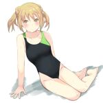  1girl barefoot black_swimsuit collarbone competition_swimsuit double_bun flat_chest highres kantai_collection light_brown_hair looking_at_viewer michishio_(kancolle) one-piece_swimsuit short_hair short_twintails simple_background sitting solo swimsuit twintails wet wet_clothes wet_swimsuit white_background yana yellow_eyes yokozuwari 
