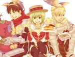  1girl 2boys armor bangs bell black_footwear black_gloves blonde_hair blue_eyes blush boitata breastplate brown_eyes brown_hair butter cape chainmail champion_(ragnarok_online) championship_belt coat commentary_request cross fake_wings feet_out_of_frame food fork gauntlets gloves godiva_chocolatier gradient gradient_wings green_eyes green_hair hairband head_wings holding holding_fork holding_plate jingle_bell leg_armor looking_at_viewer looking_to_the_side lord_knight_(ragnarok_online) multicolored multicolored_wings multiple_boys noodles nyt_(1-0-z) open_clothes open_coat open_mouth orange_wings pancake pauldrons plate purple_wings ragnarok_online ramen red_cape red_gloves red_scarf scarf short_hair shoulder_armor sleeveless_coat smile snake spiked_gauntlets syrup tabard two-tone_gloves white_coat winged_hairband wings 