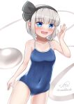  1girl artist_name bangs bare_shoulders black_hairband blue_eyes blue_swimsuit blush breasts eyebrows_visible_through_hair ghost hairband hand_up highres konpaku_youmu konpaku_youmu_(ghost) looking_at_viewer medium_breasts open_mouth rital school_swimsuit short_hair silver_hair simple_background smile solo standing swimsuit touhou white_background 