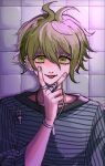  1boy :p amami_rantarou bangs blush bracelet cfbs1vykihkwxbw choker collarbone commentary_request dangan_ronpa_(series) dangan_ronpa_v3:_killing_harmony ear_piercing green_eyes green_hair highres jewelry looking_at_viewer male_focus necklace open_mouth piercing ring shirt short_hair smile solo striped striped_shirt tile_wall tiles tongue tongue_out upper_body v_over_mouth 