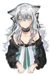  1girl animal_ears arknights black_jacket black_ribbon blue_eyes cat_ears commentary cropped_torso dress grey_hair hair_between_eyes hair_ribbon highres jacket light_blush long_hair looking_at_viewer mint_(arknights) nanaponi off_shoulder open_clothes open_jacket ribbon simple_background sketch solo unfinished upper_body white_background 