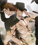  2boys absurdres ace_of_diamond back back-to-back black_jacket black_suit brown_eyes brown_hair closed_mouth formal hat highres holding holding_clothes holding_hat injury jacket looking_at_another mafia male_focus miyuki_kazuya multiple_boys necktie sato_(sato_1_11) sawamura_eijun shirt short_hair sideburns smile suit sweat sweatdrop teeth upper_body white_shirt 