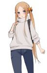  1girl abigail_williams_(fate) absurdres backpack bag bangs black_bow blonde_hair blue_eyes blue_pants blush bow breasts denim fate/grand_order fate_(series) forehead hair_bow highres jeans kopaka_(karda_nui) long_hair long_sleeves looking_at_viewer multiple_bows open_mouth orange_bow pants parted_bangs sidelocks small_breasts sweater thighs turtleneck turtleneck_sweater twintails white_sweater 