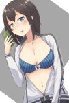  1girl black_hair blue_bra blue_eyes bra breasts cellphone hayasui_(kancolle) highres holding holding_phone jacket kantai_collection long_sleeves medium_breasts navel open_clothes open_jacket phone short_hair smartphone solo toge_nbo track_jacket underwear upper_body zipper 