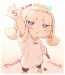  1girl :&lt; blonde_hair blue_eyes child commentary_request crayon hand_up kozato_(yu_kozato) leggings looking_at_viewer low_twintails original shirt short_sleeves short_twintails solo twintails white_shirt 
