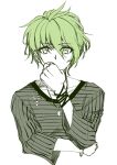  1boy amami_rantarou bangs bracelet collarbone commentary_request covering_mouth cropped_torso dangan_ronpa_(series) dangan_ronpa_v3:_killing_harmony earrings eyebrows_visible_through_hair green_hair hair_between_eyes hand_up highres jewelry long_sleeves looking_at_viewer male_focus messy_hair necklace satori_(blueinc324) shirt short_hair simple_background solo striped striped_shirt upper_body white_background 