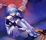  1girl ayanami_rei bangs blue_hair bodysuit broken desk full_body hair_between_eyes hairpods hugging_own_legs interface_headset knees_up looking_at_viewer neon_genesis_evangelion on_desk optionaltypo pilot_suit pipe pipes plugsuit rebar red_eyes shadow short_hair signature sitting sitting_on_desk solo white_bodysuit 