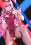  1girl animal_ears armband ass_visible_through_thighs bangs blush bow bowtie breasts commentary_request covered_navel cowboy_shot darling_in_the_franxx detached_collar eyebrows_visible_through_hair fake_animal_ears fishnet_legwear fishnets from_below groin highres holding holding_riding_crop horns leotard long_hair looking_at_viewer looking_down medium_breasts multicolored multicolored_background pink_hair playboy_bunny rabbit_ears red_leotard riding_crop solar_(happymonk) solo straight_hair thighs tongue tongue_out wrist_cuffs zero_two_(darling_in_the_franxx) 