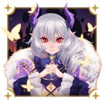  1girl bangs border bug butterfly closed_mouth coat fur-trimmed_coat fur_trim hair_between_eyes highres honkai_(series) honkai_impact_3rd horns lips long_hair long_sleeves looking_at_viewer pointy_ears portrait red_eyes side_ponytail smile solo theresa_apocalypse v-shaped_eyebrows white_hair yellow_butterfly yui_shi 
