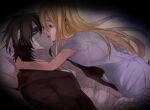  bandaged_head bandages black_cardigan black_eyes black_hair blonde_hair blue_eyes cardigan couple dark-skinned_male dark_skin dress floating_hair grey_dress hair_between_eyes hetero isaac_foster kiss long_hair open_cardigan open_clothes rachel_gardner riarashu_(pixiv3133536) satsuriku_no_tenshi short_dress short_hair short_sleeves 