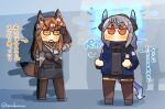  2girls animal_ears arknights arm_up bangs blue_jacket blush brown_eyes brown_hair brown_legwear chibi clenched_hands commentary_request dragon_horns dragon_tail electricity fox_ears fox_tail franka_(arknights) full_body gloves grey_hair highres horns id_card jacket lanyard lcron liskarm_(arknights) long_hair long_sleeves multiple_girls no_mouth open_mouth shadow shirt skirt standing tail thigh-highs translation_request twitter_username 