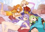  4girls absurdres bai_qi_(eiyuu_senki) bangs barefoot blue_eyes breasts brown_hair chinese_clothes covered_navel croriin crown double_bun eiyuu_senki green_eyes green_hair hair_ornament highres large_breasts leotard long_hair looking_at_viewer lu_bu_(eiyuu_senki) lying multiple_girls on_back on_side on_stomach orange_hair parted_bangs pillow purple_hair qin_shi_huang_(eiyuu_senki) short_hair sun_tzu_(eiyuu_senki) violet_eyes white_leotard 