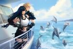  1boy 1girl :d armor black_gloves black_hair black_legwear black_skirt blonde_hair blue_eyes breasts cloud_strife commission crop_top cruise_ship dolphin elbow_gloves english_commentary final_fantasy final_fantasy_vii final_fantasy_vii_remake gloves highres hug long_hair low-tied_long_hair materia medium_breasts midriff navel ocean open_mouth outdoors parted_lips railing red_eyes shoulder_armor skirt sleeveless sleeveless_turtleneck smile spiky_hair spykeee1945 suspender_skirt suspenders tank_top thigh-highs thighs tifa_lockhart turtleneck twitter_username watermark web_address white_tank_top window zettai_ryouiki 