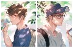  2boys absurdres ace_of_diamond backpack bag baseball_cap blue_shirt bottle brown_eyes brown_hair can day hat highres holding holding_bottle holding_can male_focus miyuki_kazuya multiple_boys outdoors parted_lips sato_(sato_1_11) sawamura_eijun shirt short_hair sideburns soda_can upper_body wet wet_face white_shirt 