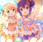  2girls absurdres beach bikini blonde_hair blue_eyes blush collarbone cup day drink drinking_glass drinking_straw eyebrows_visible_through_hair floppy_ears frilled_bikini frills gochuumon_wa_usagi_desu_ka? hair_bun headdress highres kirara_fantasia kirima_sharo long_hair multiple_girls navel ocean open_mouth orange_bikini parasol purple_bikini purple_hair sand short_hair smile stick_jitb swimsuit tedeza_rize tippy_(gochiusa) umbrella v violet_eyes water_gun 