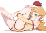  1girl aqua_eyes barefoot closed_mouth commentary_request long_hair looking_at_viewer lying on_back orange_hair original simple_background soles solo toenails toes toku_(ke7416613) white_background 
