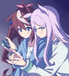  2girls animal_ears blue_eyes bow brown_hair clipping_nails closed_mouth collarbone ear_ribbon hair_bow high_ponytail highres holding_hands horse_ears horse_girl light_purple_hair long_hair long_sleeves mejiro_mcqueen_(umamusume) mizin_kosutin multicolored_hair multiple_girls nail_clippers pajamas pink_bow sleepwear streaked_hair tokai_teio_(umamusume) two-tone_hair umamusume violet_eyes white_hair 