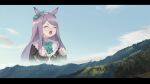  1girl animal_ears big_enough bow clenched_hands closed_eyes clouds commentary_request frilled_shirt_collar frills hair_bow horse_ears letterboxed long_hair mejiro_mcqueen_(umamusume) meme mountainous_horizon open_mouth parody pretty_mundane projected_inset purple_hair screaming sky solo umamusume upper_body 