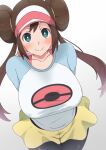  163_(shiromeshi) 1girl arms_behind_back black_legwear blush breasts bright_pupils brown_hair closed_mouth cowboy_shot double_bun dutch_angle from_above green_eyes highres large_breasts long_hair looking_at_viewer miniskirt pantyhose pokemon pokemon_(game) pokemon_bw2 raglan_sleeves rosa_(pokemon) sidelocks skirt smile solo standing tareme twintails upturned_eyes visor_cap white_background white_pupils yellow_skirt 