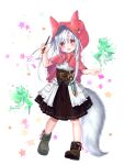  1girl :d animal_ears animal_hood belt black_skirt boots capelet chain_paradox dagger fairy fang flower fox_ears fox_girl fox_tail full_body highres hood hood_up hooded_capelet knife kyuubi_mika light_blue_hair little_red_riding_hood official_art open_mouth paintbrush shirt silver_hair skin_fang skirt sleeveless sleeveless_shirt smile tail weapon white_shirt 