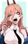  1girl breasts chainsaw_man eyeliner hair_between_eyes horns j.k. long_hair looking_at_viewer makeup necktie pink_hair power_(chainsaw_man) red_eyes sharp_teeth solo symbol-shaped_pupils teeth tongue tongue_out 