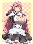  1girl aizono_manami apron bangs black_ribbon breasts checkered checkered_background cleavage_cutout closed_mouth clothing_cutout curly_hair eyebrows_visible_through_hair gloves hair_ribbon heart heart_cutout heart_hands highres huge_breasts light_smile long_hair looking_at_viewer maid maid_apron maid_headdress maki_yoshitake multicolored multicolored_background nijisanji one_eye_closed orange_eyes pink_hair puffy_short_sleeves puffy_sleeves ribbon short_eyebrows short_sleeves solo thick_eyebrows virtual_youtuber white_gloves 