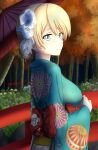  1girl bangs blonde_hair blue_eyes braid closed_eyes commentary darjeeling_(girls_und_panzer) eyebrows_visible_through_hair flower furisode girls_und_panzer gloves green_kimono hair_flower hair_ornament highres holding holding_umbrella japanese_clothes kimono long_sleeves looking_at_viewer oil-paper_umbrella print_kimono railing redbaron short_hair smile solo standing tied_hair tree twitter_username umbrella white_flower white_gloves wide_sleeves 