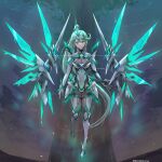  1girl bangs breasts chest_jewel earrings gloves green_eyes green_hair high_heels highres jewelry large_breasts long_hair mutomorokoshi pneuma_(xenoblade) ponytail solo swept_bangs tiara very_long_hair xenoblade_chronicles_(series) xenoblade_chronicles_2 