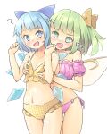  2girls ? @_@ arnest bare_arms bare_legs bare_shoulders bikini blue_bow blue_eyes blue_hair blush bow breast_grab breasts cirno collarbone commission cowboy_shot daiyousei eyebrows_visible_through_hair fairy fairy_wings frilled_bikini frills grabbing green_eyes green_hair hair_bow highres ice ice_wings large_breasts long_hair multiple_girls navel o-ring o-ring_bikini open_mouth plaid plaid_bikini purple_bikini short_hair side_ponytail simple_background skeb_commission small_breasts swimsuit touhou white_background wings yellow_bikini 