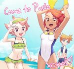  3girls :d armpits arms_up ass_visible_through_thighs ball bangs bare_arms beach bike_shorts blue_eyes breasts camilla_(pokemon) clouds collarbone commentary covered_navel day english_commentary english_text eyelashes flower gazing_eye gen_1_pokemon goggles goggles_around_neck green_hairband green_swimsuit hairband heart holding holding_ball looking_at_viewer misty_(pokemon) multiple_girls navel open_mouth orange_hair outdoors pink_hair pokemon pokemon_(creature) pokemon_(game) pokemon_masters_ex psyduck sand shore short_hair sky smile standing swept_bangs swimsuit tied_hair tongue upper_teeth water white_flower white_swimsuit wristband 
