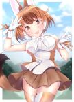  1girl animal_ears bangs blouse blue_sky bob_cut brown_eyes brown_hair brown_legwear brown_skirt clouds cloudy_sky commentary_request cowboy_shot day dhole_(kemono_friends) dog_ears dog_girl dog_tail eyebrows_visible_through_hair fang gloves head_tilt highres kemono_friends kemono_friends_3 kinou_no_shika looking_at_viewer medium_hair miniskirt neck_ribbon open_mouth outdoors pleated_skirt ribbon salute short_hair skirt sky sleeveless_blouse smile solo standing tail thigh-highs white_blouse white_gloves white_neckwear 
